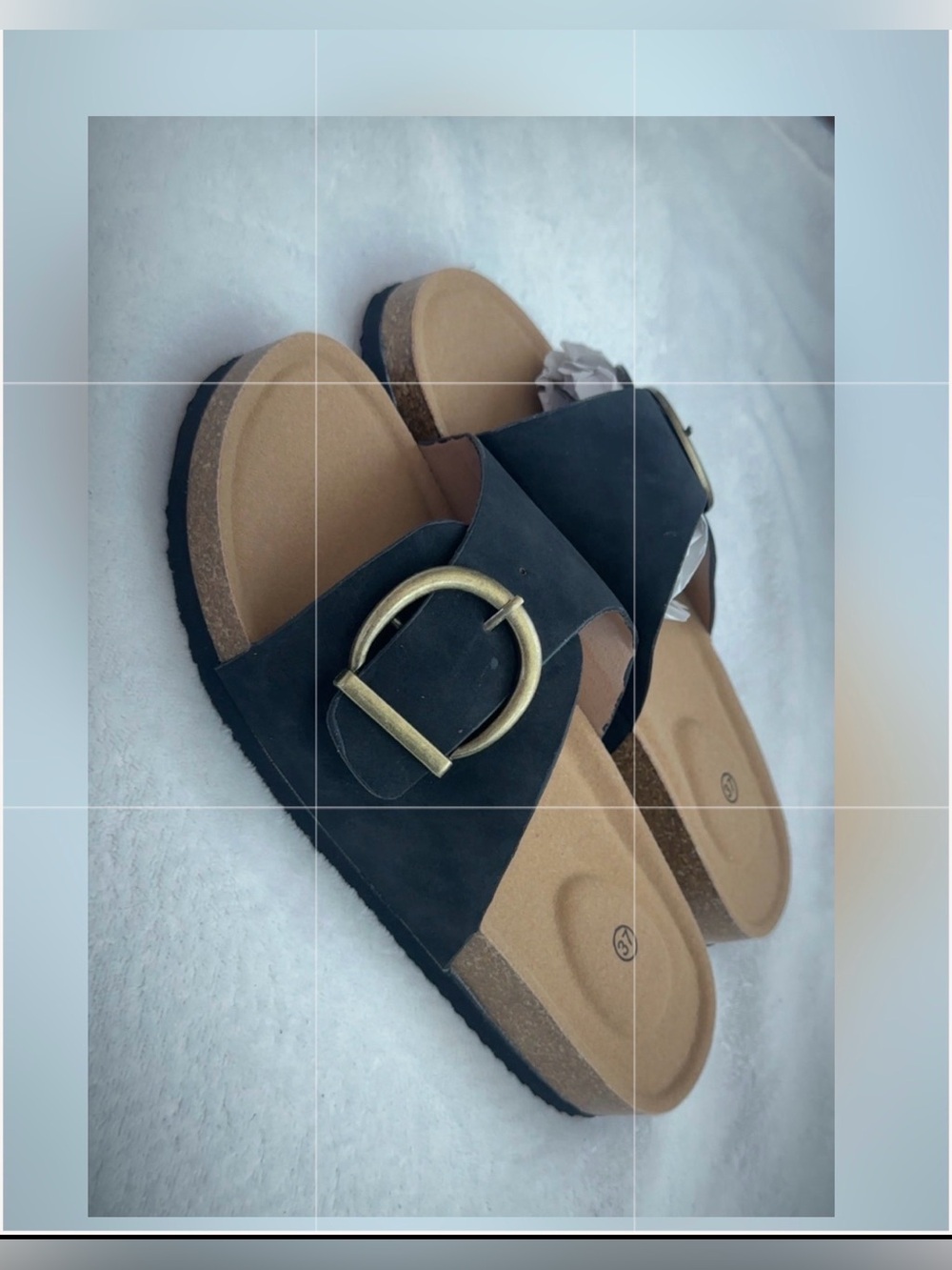 Women's Black Slide Sandals with Decorative Gold Buckle